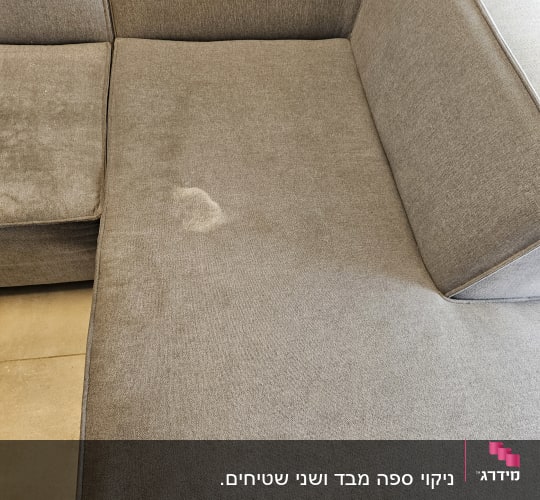 כתם על ספה אפורה לפני ניקוי